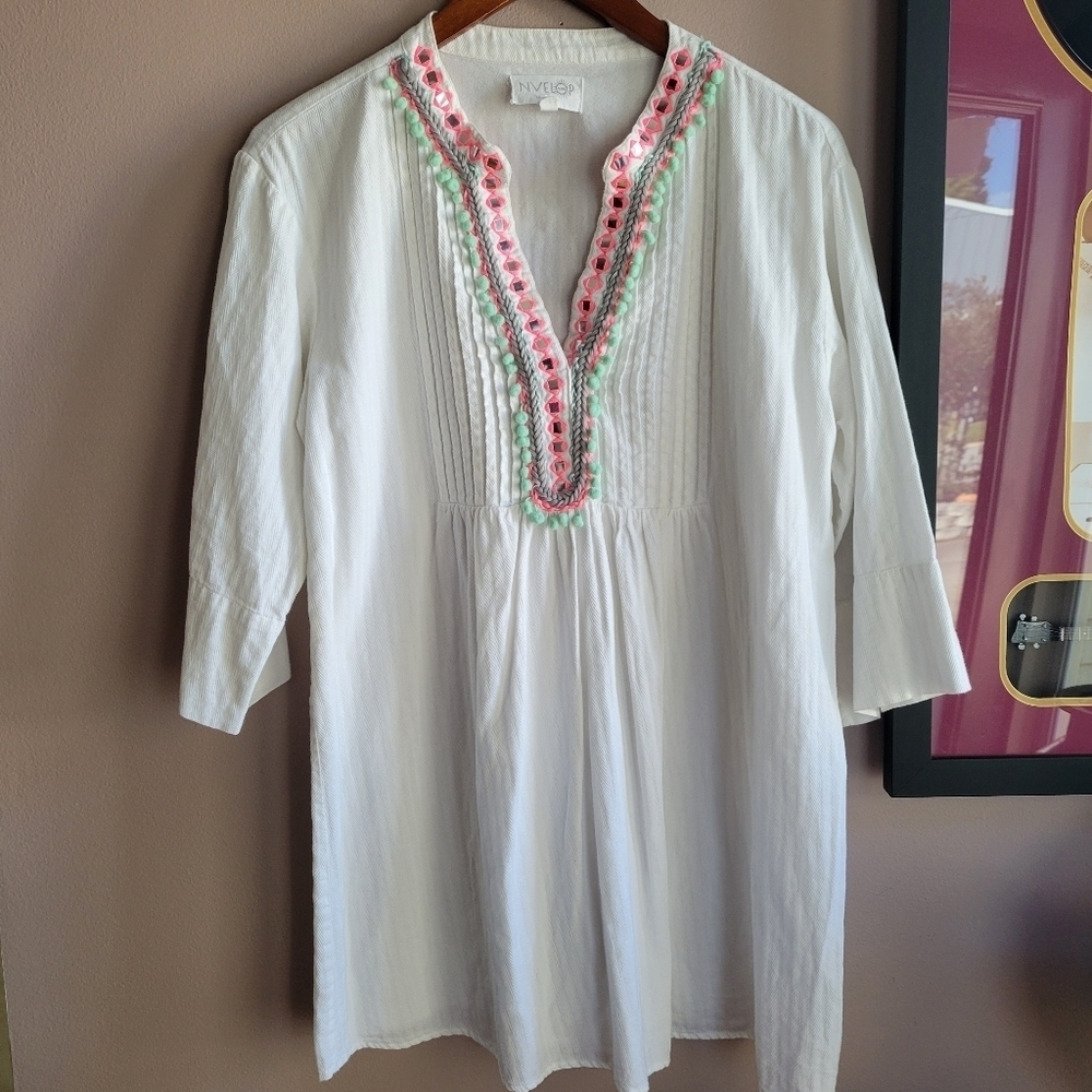 Embroidered Women’s NVELOP Embellished Cover Up- Small Indian Tunic White 3/4" - Picture 2 of 12